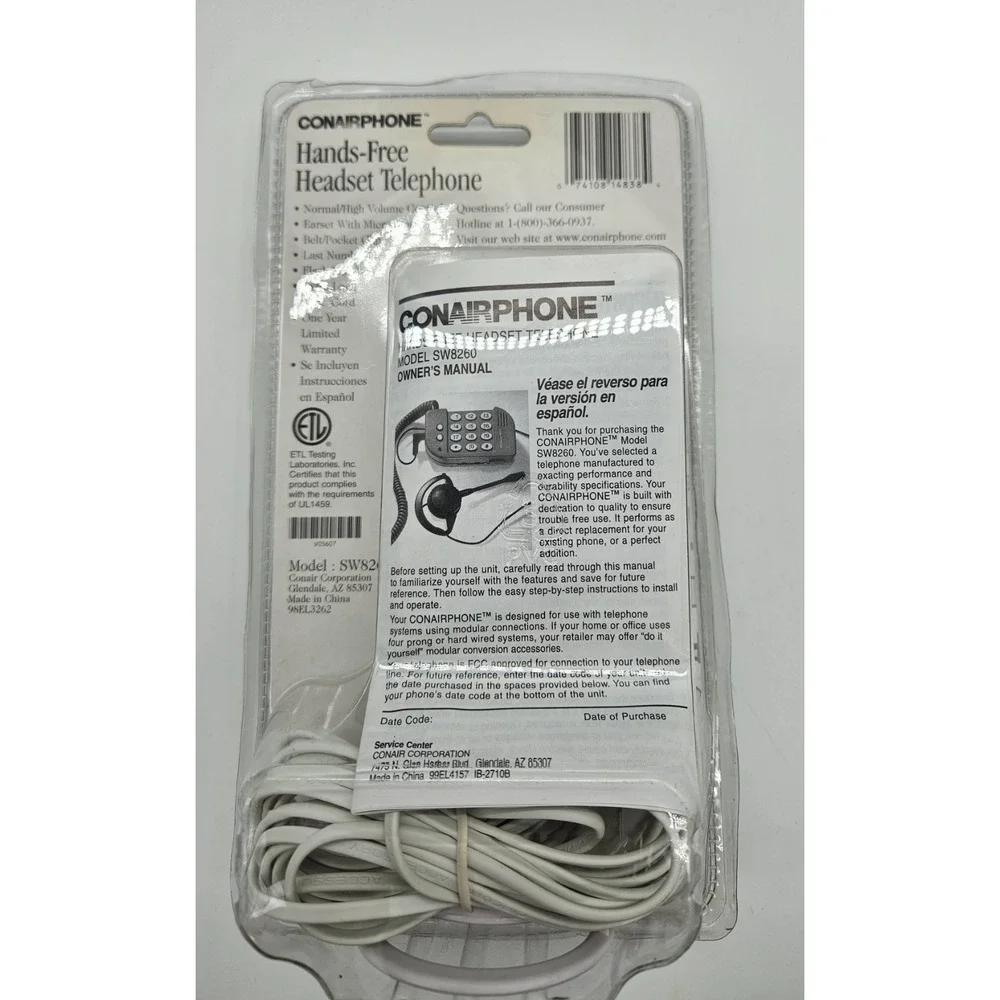 Conairphone Hands-Free Headset Telephone SW8260‎ Vintage White 25ft Cord New NIP